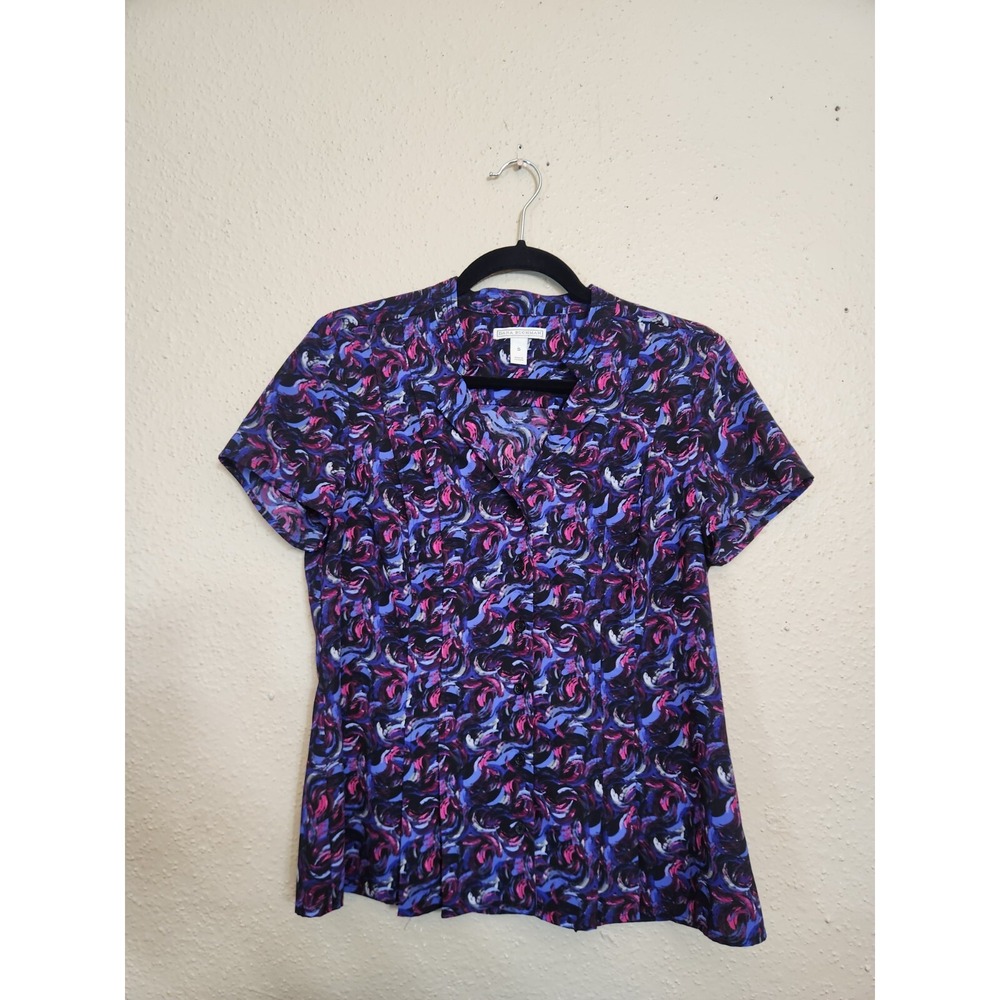 Dana Buchman Womens Small Purple Abstract Swirl Button Down Blouse Short Sleeve